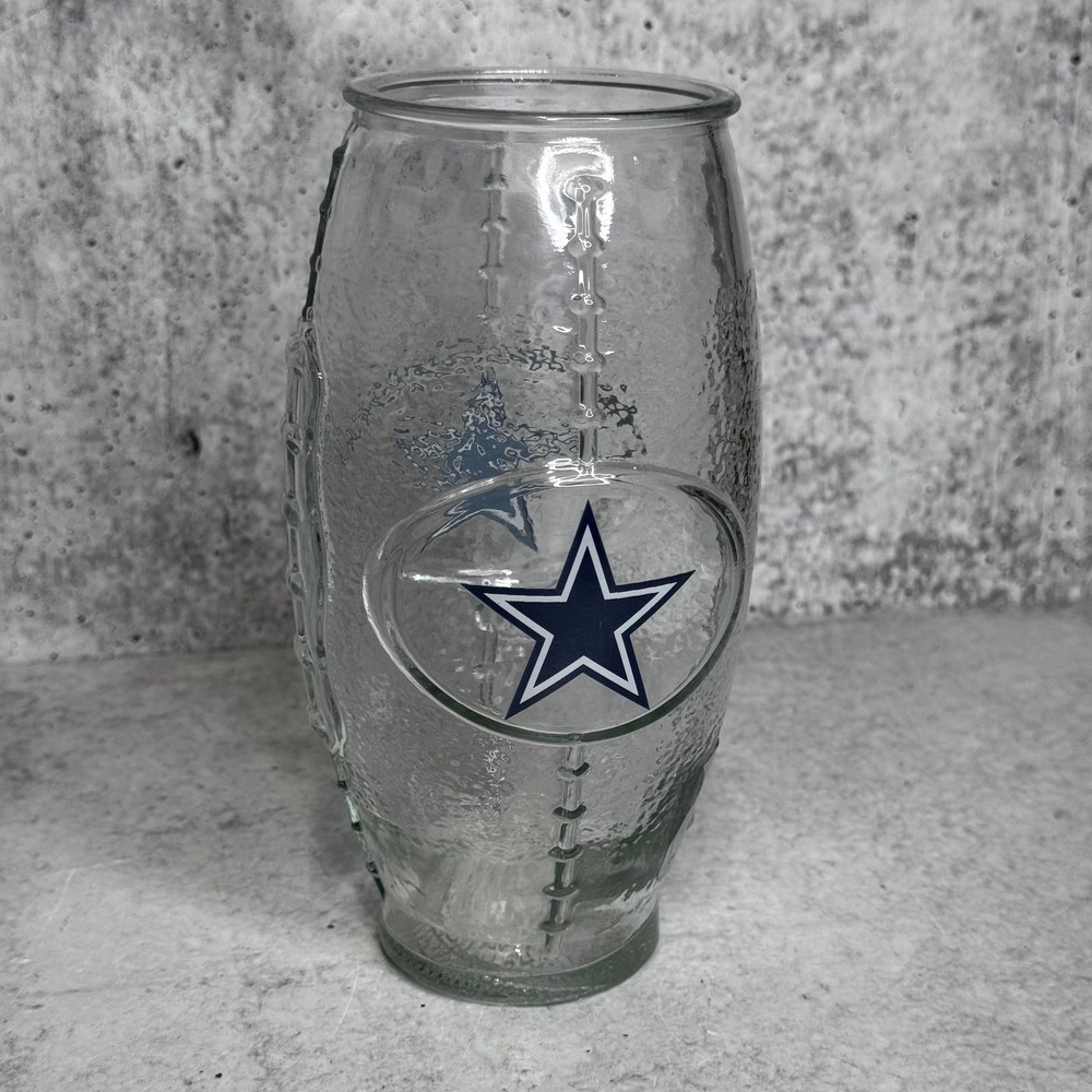 Dallas Cowboys NFL Football Shaped Glass Tumbler Textured Star Logo Clear 6.5in